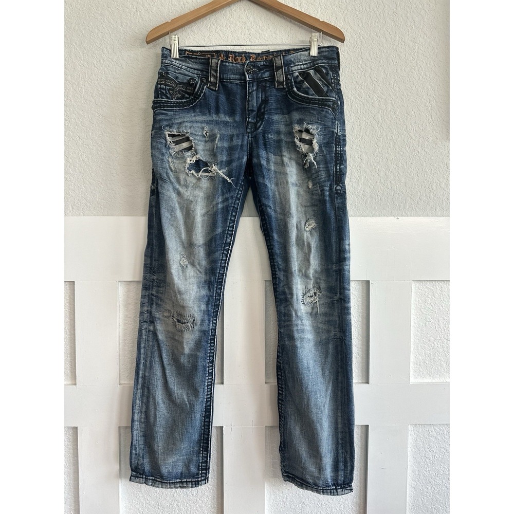 Rock Revival Roselle Easy Boot Jeans Womens 30 Blue Embroidered Rhinestone Bling